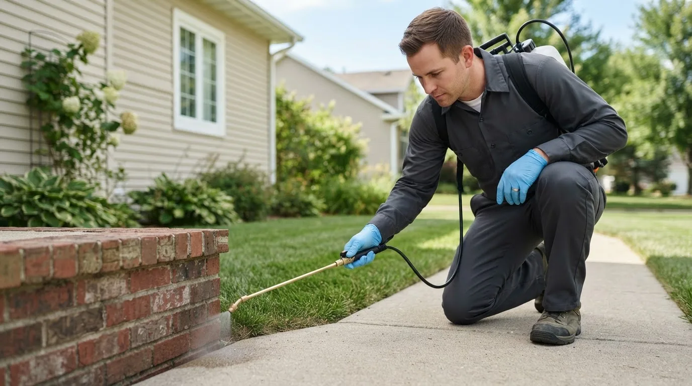 Pest control technician treating a home near Mancelona, MI