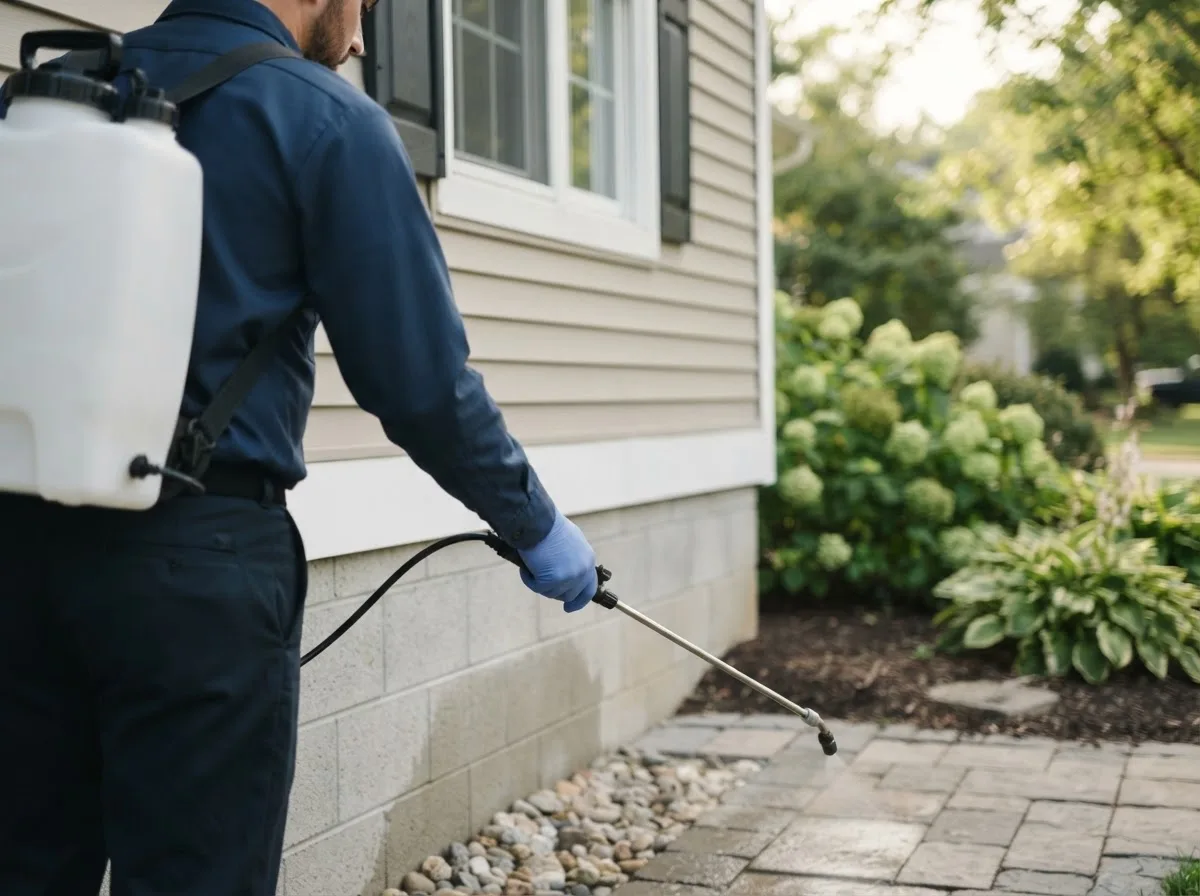 Pest control technician inspecting a home in Mancelona, MI